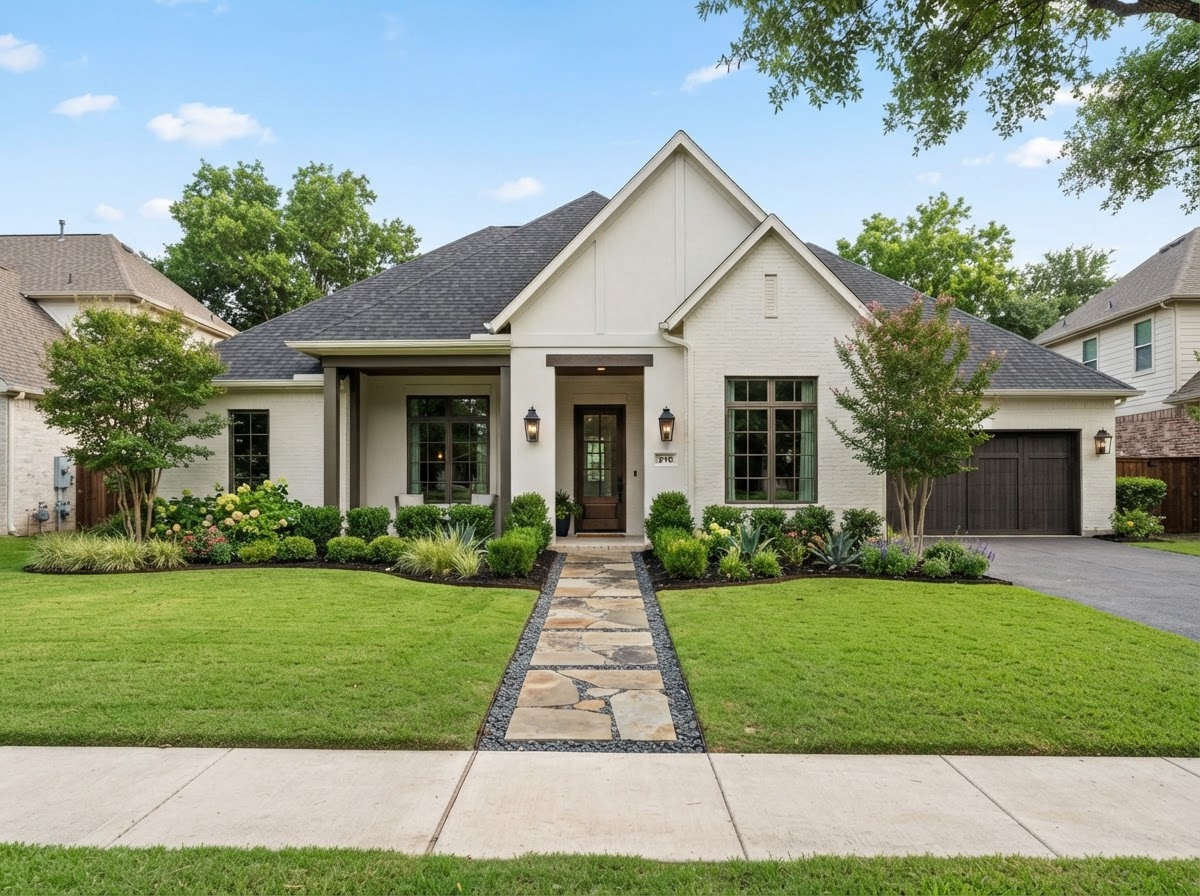 The same Highland Village home after coating, with brick and stucco finished in a soft off-white