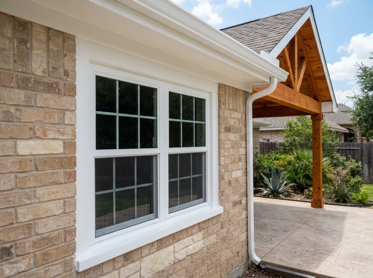 The same Plano window and patio cover after repair, with crisp white trim, clean caulk lines, and refinished cedar