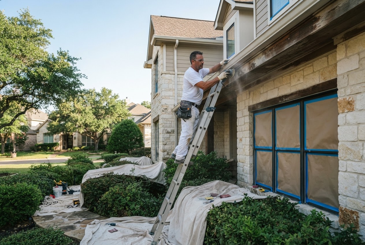 A painter sanding and scraping wood fascia trim from a ladder, with drop cloths over the shrubs and windows masked below