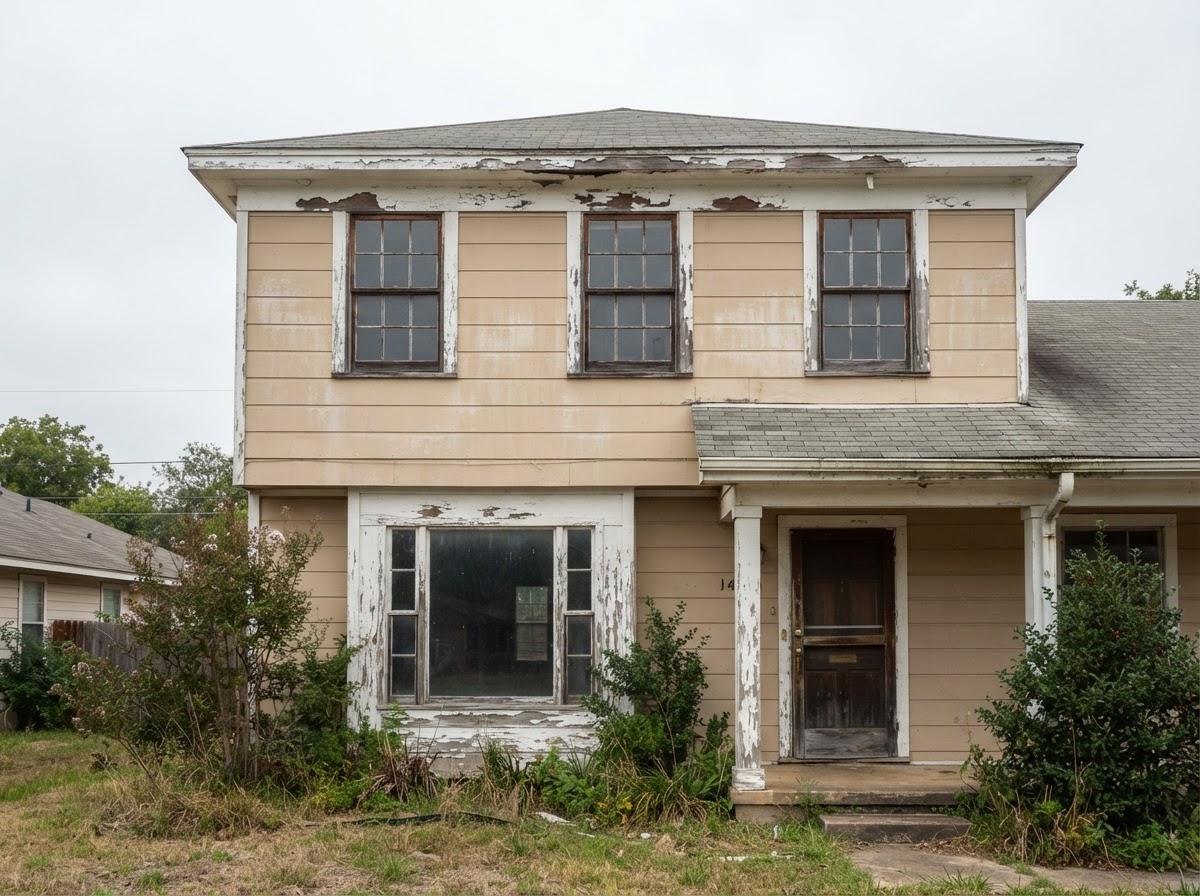 Two-story Southlake home before painting, with peeling white trim paint and chalked, faded siding