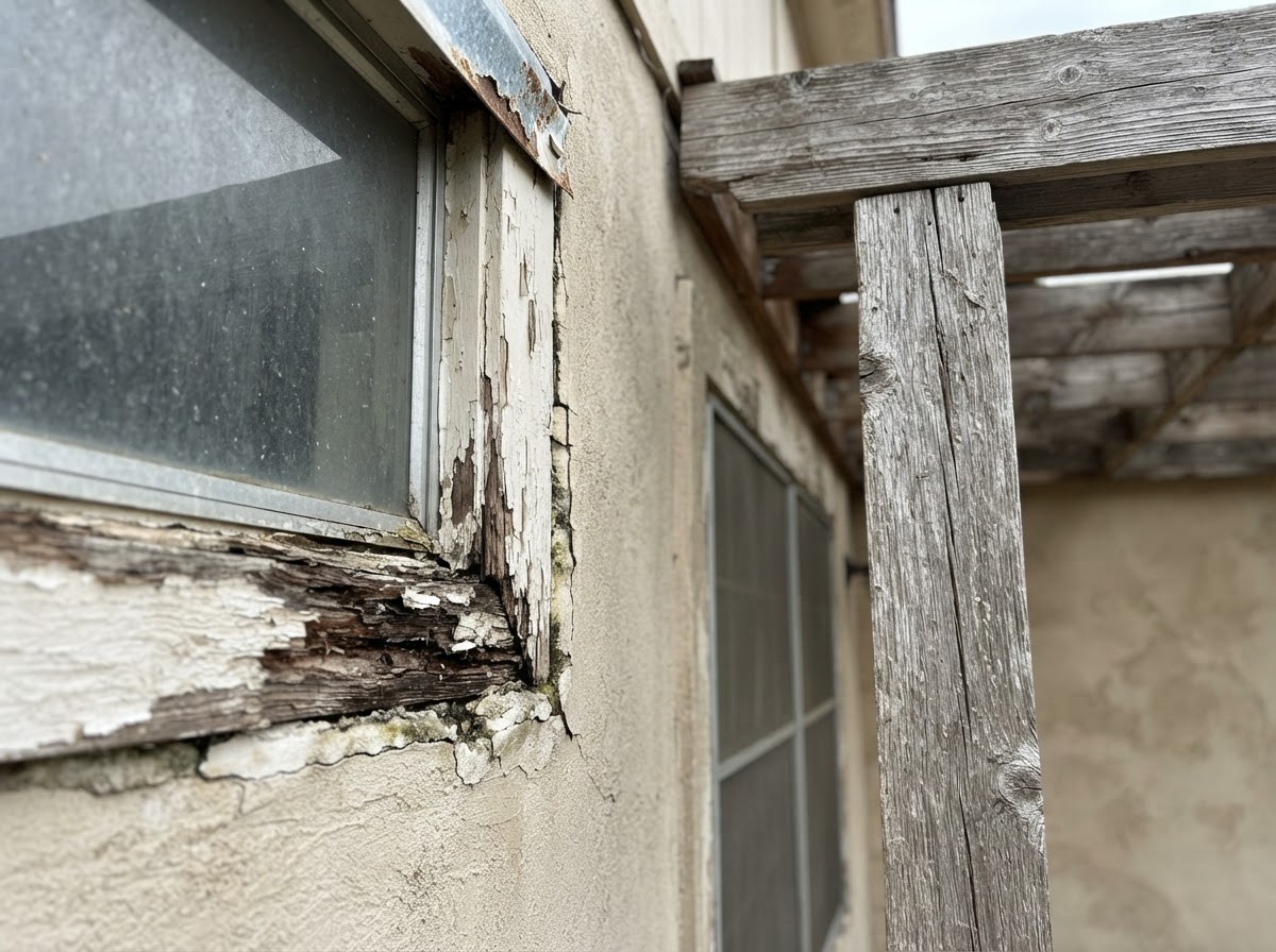Close view of a Plano home before repair, with rotted window trim, peeling paint, and a weathered cedar patio cover