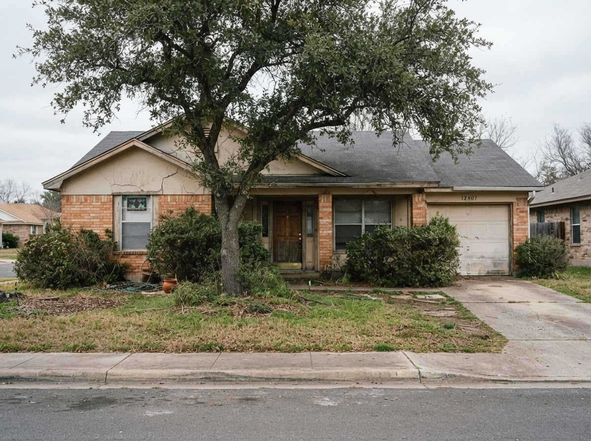 Single-story Highland Village home before coating, with dated orange-toned brick and cracked beige stucco