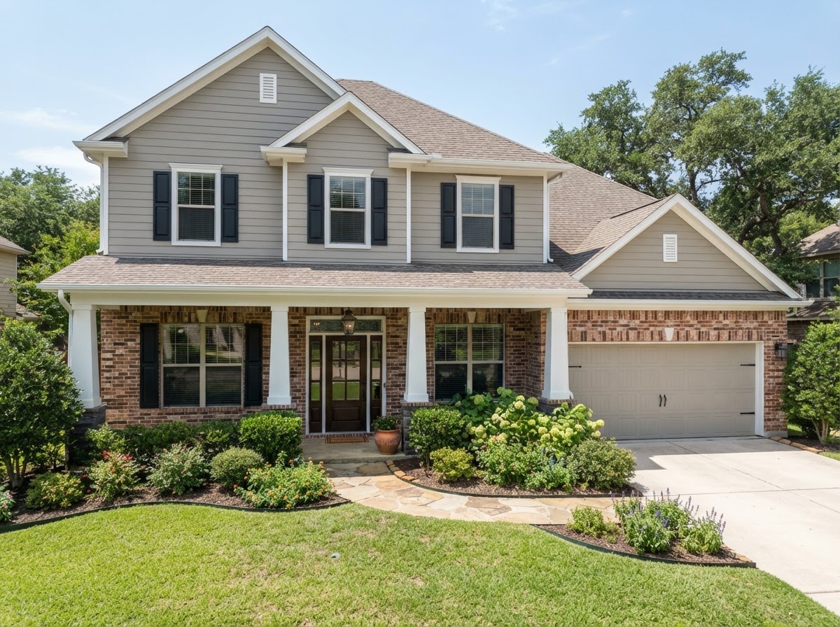 The same Southlake home after painting, with repaired fascia, crisp white trim, and a warm greige exterior